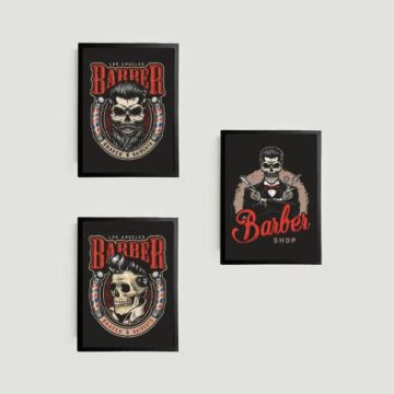 Kit 3 Quadros Barber Shop Skull