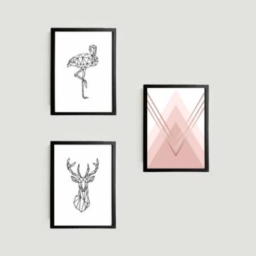 Kit 3 Quadros Flamingo e Alce Geométrico