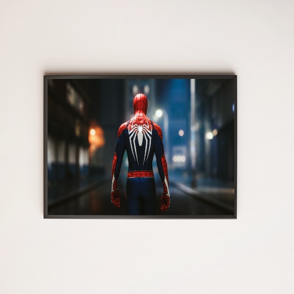 Quadro decorativo homem aranha de costas andando na cidade