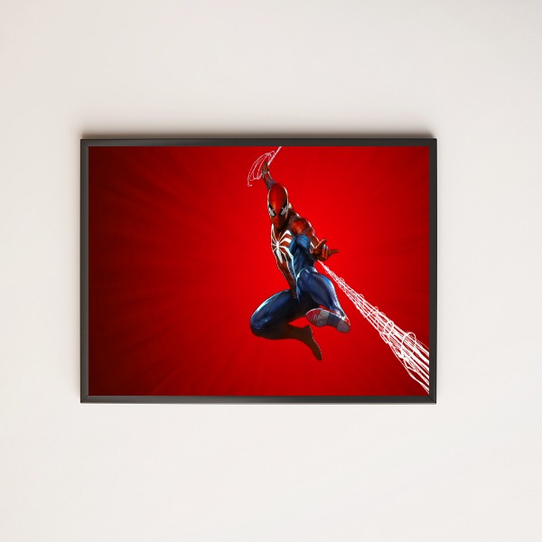 Quadro desenho homem aranha com teia e fundo vermelho