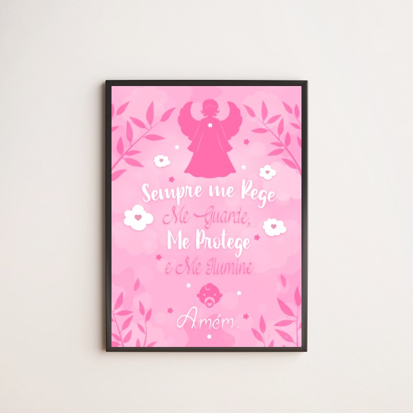 quadro decorativo infantil com fundo rosa, desenho de anjo e oração do santo anjo
