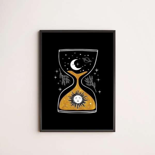 quadro decorativo com desenho de ampulheta com sol e lua