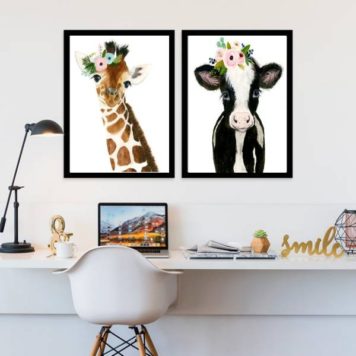 Kit 2 Quadros Animais Girafinha E Vaquinha