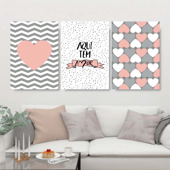 Kit 3 Quadros Aqui Tem Amor Rosa E Cinza