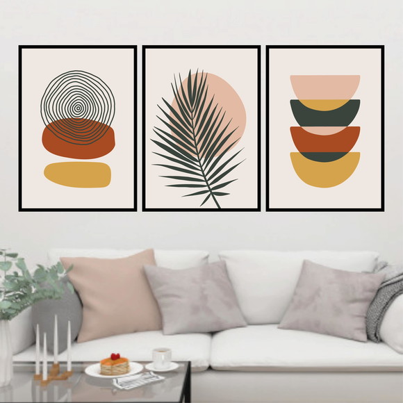 Kit 3 Quadros Boho Folha Avermelhado