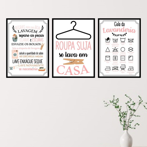 Kit 3 Quadros Lavanderia Rosa
