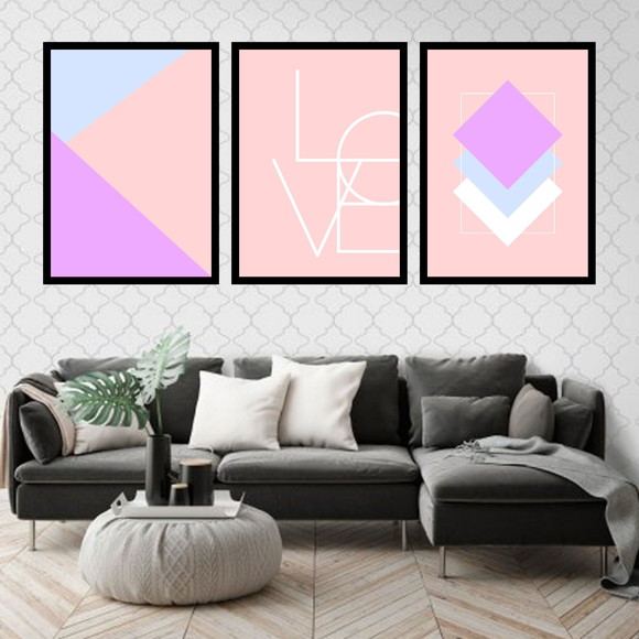 Kit 3 Quadros Geométricos LOVE Lilás