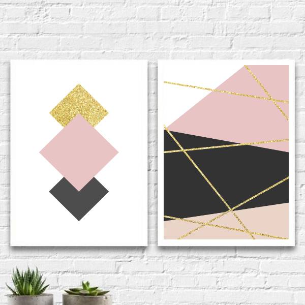 Kit 2 Quadros Geométricos Rosa E Dourado