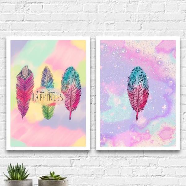 Kit 2 Quadros Zen Penas Hapiness