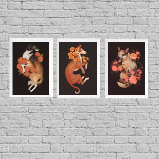 Kit 3 Quadros Cães My Pets Flowers