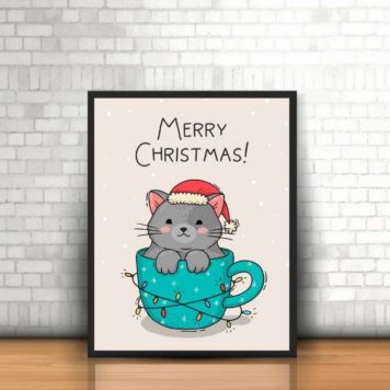 Quadro Decorativo Gatinho Merry Christmas