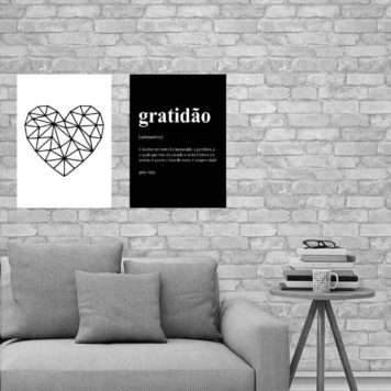 Kit 2 Quadros Gratidão Coração Geométrico
