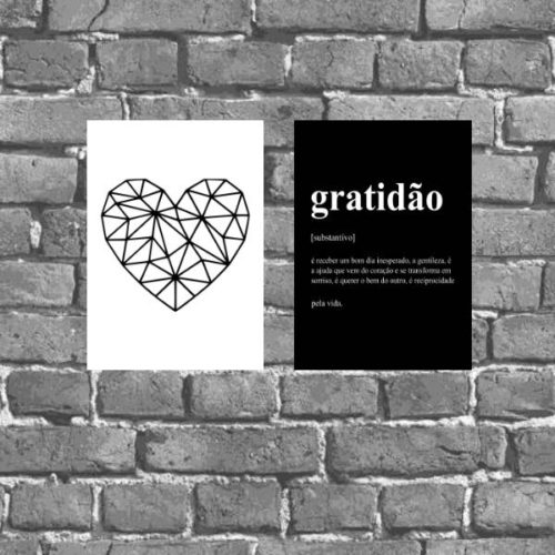 Kit 2 Quadros Gratidão Coração Geométrico