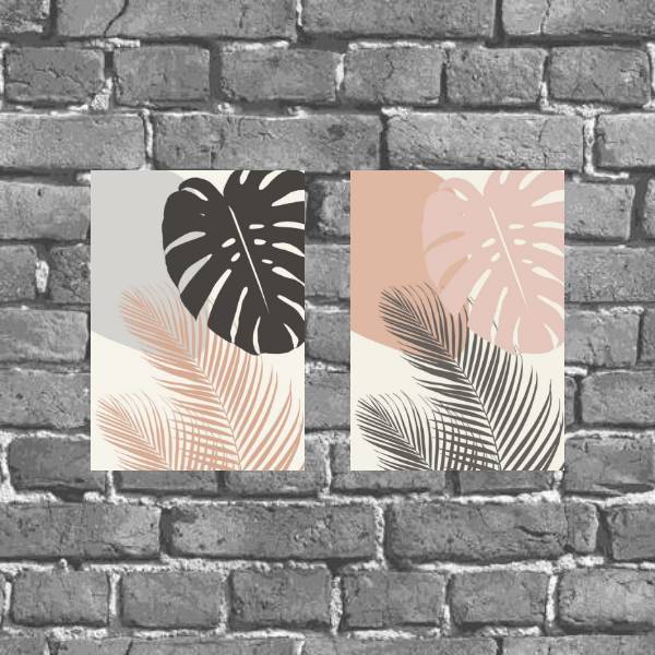 Kit 2 Placas Decor Folhagens Rosa E Cinza