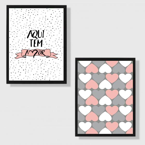 Kit 2 Quadros Aqui Tem Amor Rosa