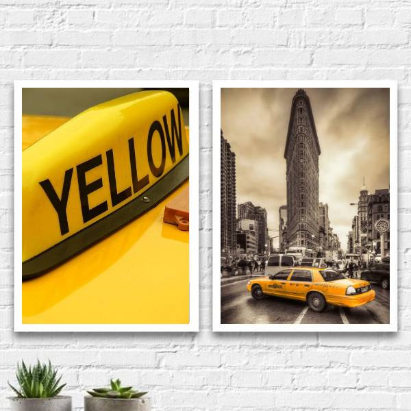 Kit 2 Quadros Fotografias Taxi Amarelo