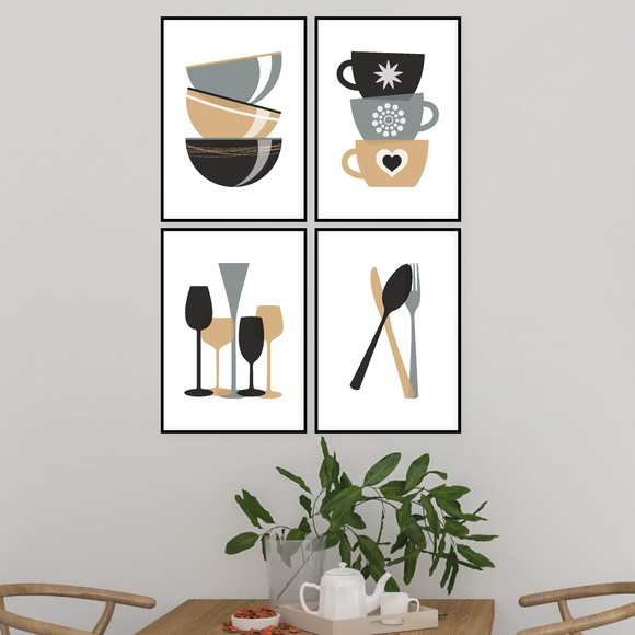 Kit 4 Quadros Para Cozinha Cinza E Marrom