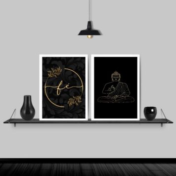 Kit 2 Quadros Buda Fé Preto Com Dourado