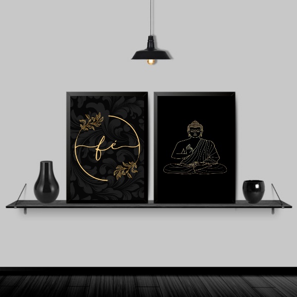 Kit 2 Quadros Buda Fé Preto Com Dourado
