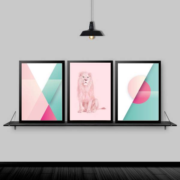 Kit 3 Quadros Abstratos Leão Rosa