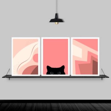 Kit 3 Quadros Abstratos Gatinho Rosa