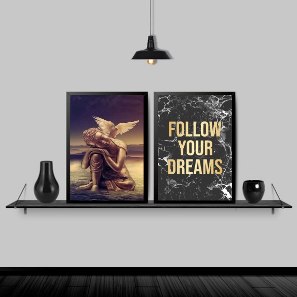 Kit 2 Quadros Buda Asas Follow Your Dreams