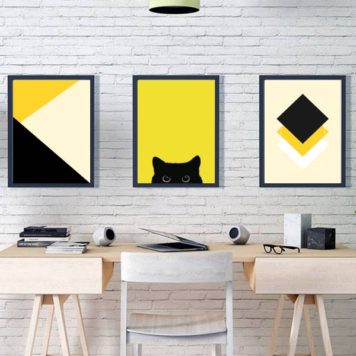 kit 3 quadros Geométricos Gato Preto/Amarelo