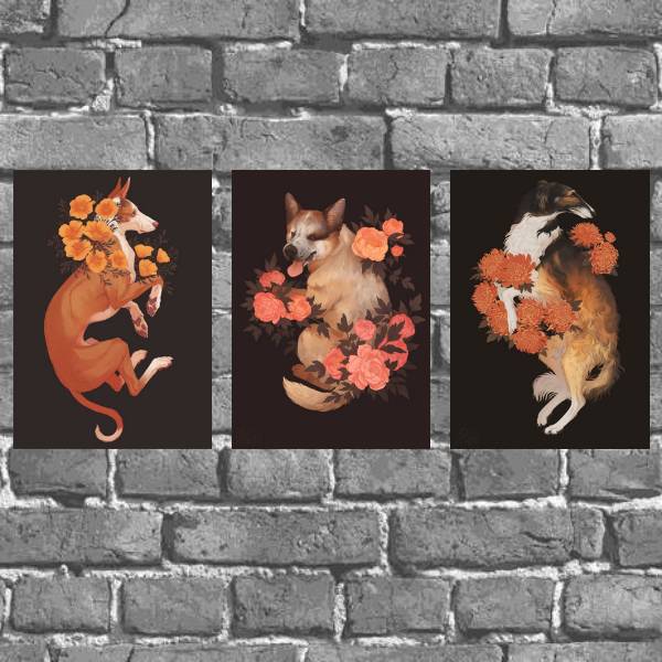 Kit 3 Placas Decorativas Cães Com Flores