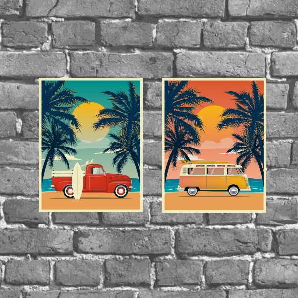 Kit 2 Placas Decorativas Carros Surf Praia