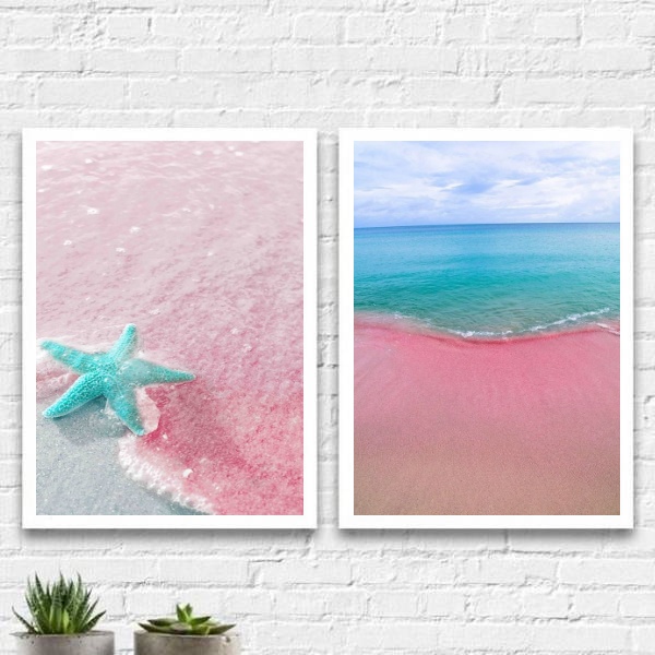 Kit 2 Quadros Mar Verão Rosa E Azul