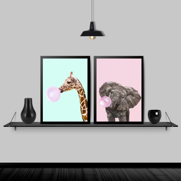 Kit 2 Quadros Girafa E Elefante Chiclete