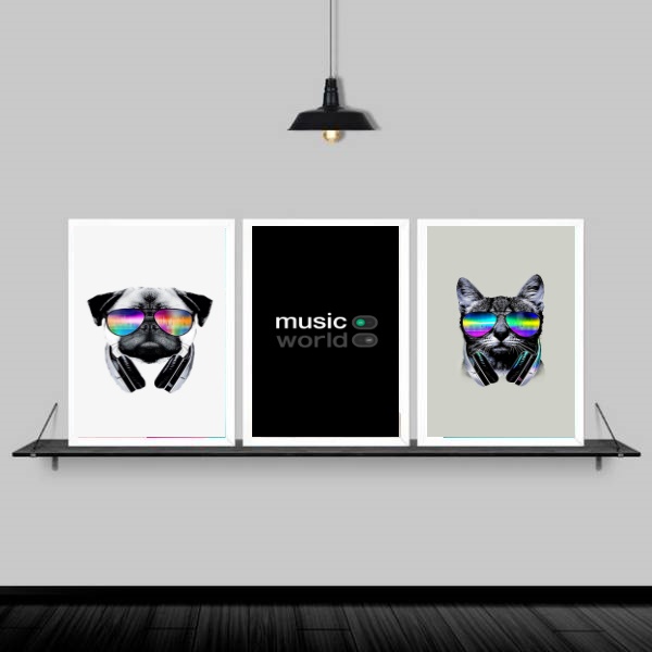 Kit 3 Quadros Cão E Gato Música