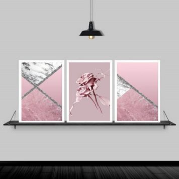 Kit 3 Quadros Flores Rosas Mármore