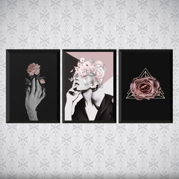 Kit 3 Quadros Para Quarto Mulher E Rosas
