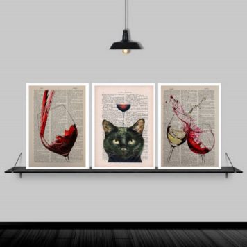 Kit 3 Quadros Decorativos Vinhos E Gato