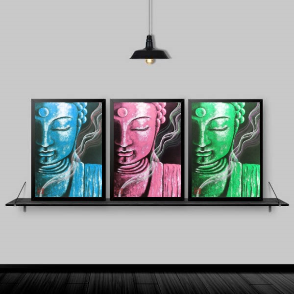 Kit 3 Quadros Feng Shui Budas Coloridos