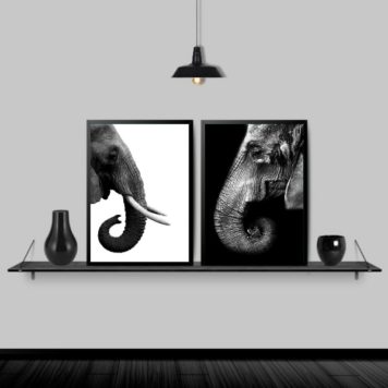 Kit 2 Quadros Casal Elefantes Preto E Branco
