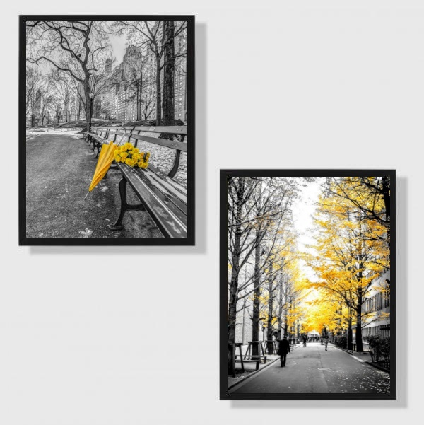 Kit 2 Quadros Cidades Flores Amarelas