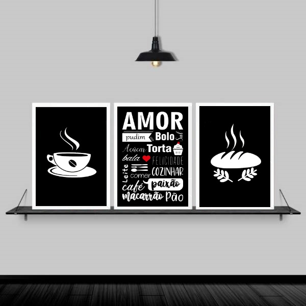 Kit 3 Quadros Cozinha Amor Nomes De Comida