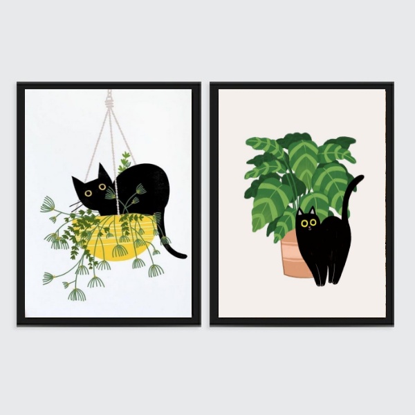 Kit 2 Quadros Decorativos Gato E Plantas