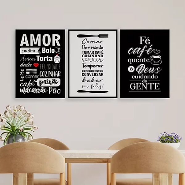 Kit 3 Quadros Amor Comida Café