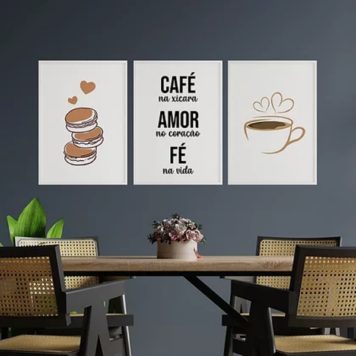 Kit 3 Quadros Café Amor E Fé