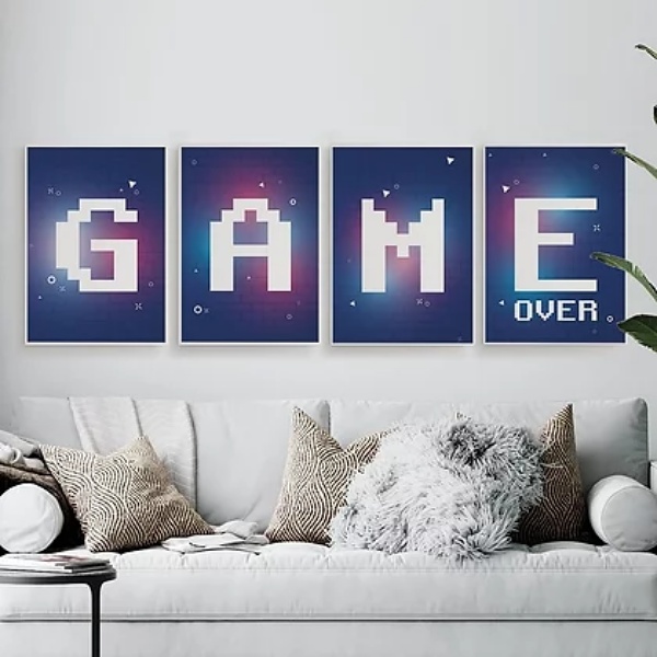 Kit 4 Quadros Gamer Game Over Roxo