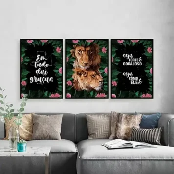 Kit 3 Quadros Leão e Leoa Frases Religiosas