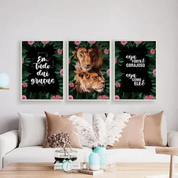 Kit 3 Quadros Leão e Leoa Frases Religiosas