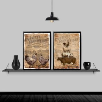 Kit 2 Quadros Country Animais Fazenda Retrô