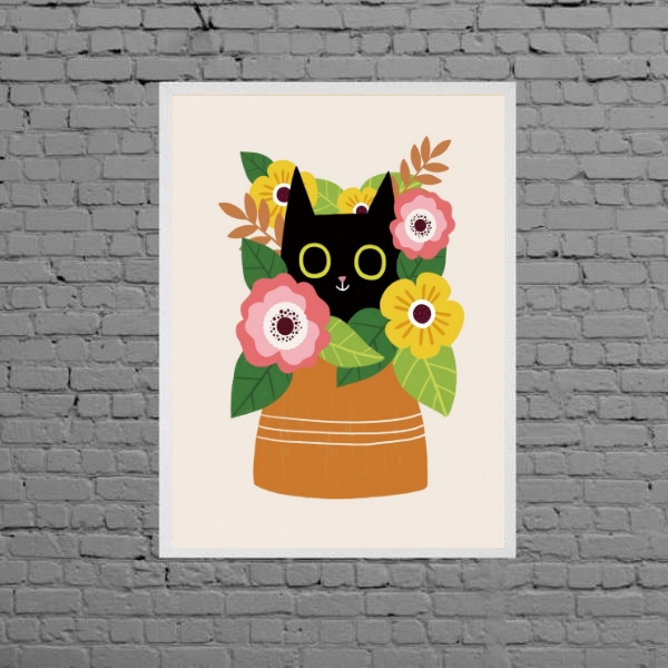 Quadro Gatinho Com Vaso De Flores
