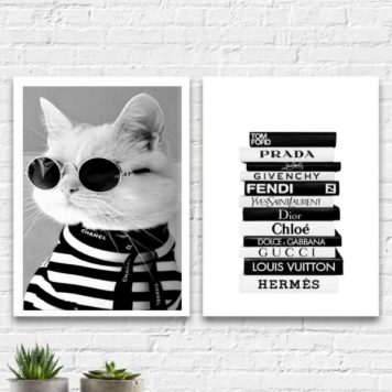 Kit 2 Quadros Fashion Gatinho Livros Moda