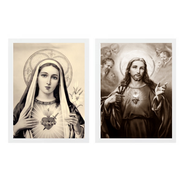 Kit 2 Quadros Sagrado Coração De Jesus E Maria Sépia