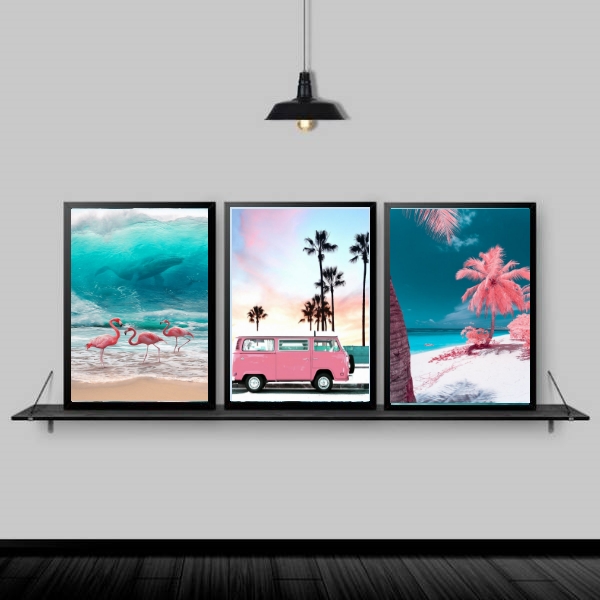 Kit 3 Quadros Praia Kombi Rosa
